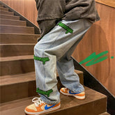 Men Jeans Flocking Embroidered Jeans Men's Spring and Autumn Loose Straight-Leg Wide-Leg Pants
